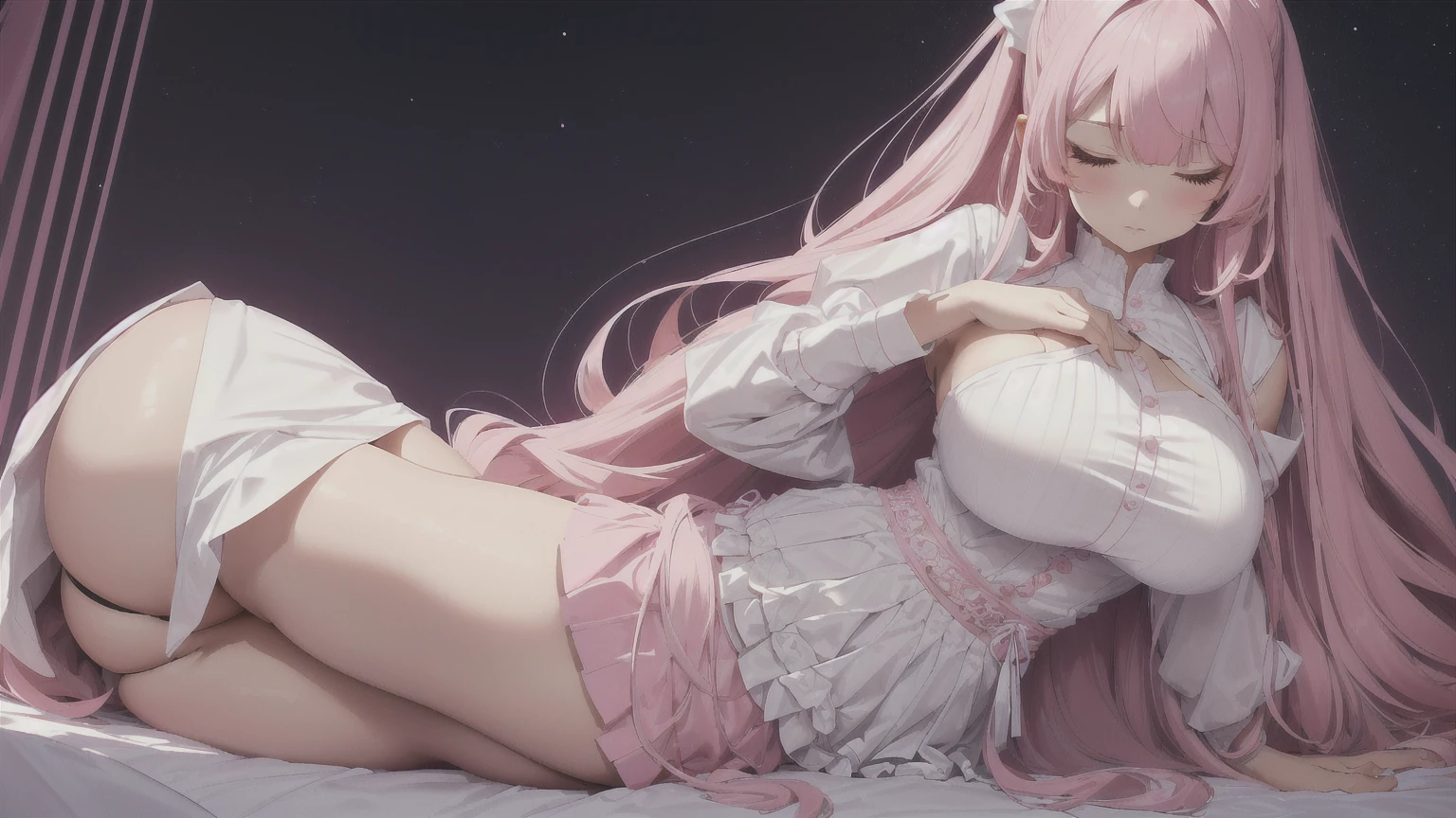 big bust,long hair, skirt, 1girl, pink hair, white skirt, Arm up, a sad face, I like you to the maximum.,She is in a sleeping position with her buttocks slightly visible, with an expression that says she wants to kiss you as much as possible.,slightly difficult posture