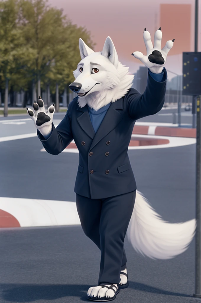 Barbara\(Moscow\), (white body:1.3), white fur, Brown eyes, Moscow, dressed, black jacket,trousers,blue,brown open heel sandals, canine, wolf, Detailed fur, Female, breast, antro, paw pads, finger claws, waving, waving at viewer, 5 fingers, paws, 4 toes,ring,
BREAK from nextel, for dating, by xenoforge, (difficult, high detail, film photography, soft focus, RAW сидит,
Photorealism, realistic, photorealistic, digital style, Subsurface scattering,
masterpiece, Best quality, ultra realistic, 8 k)