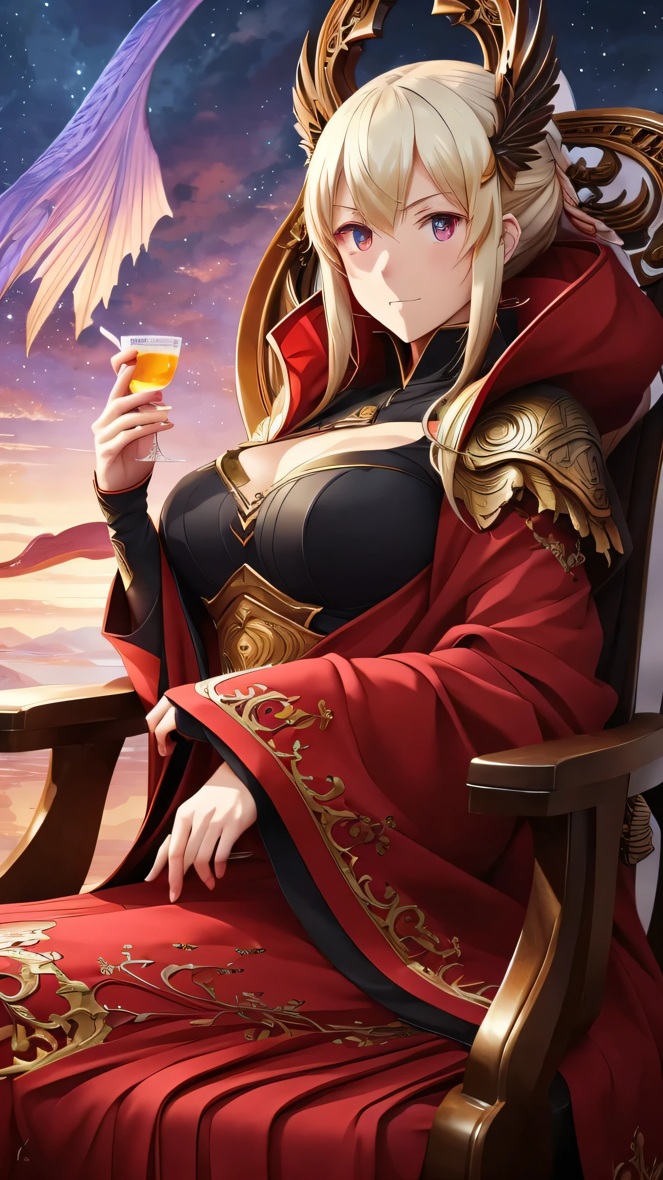 Wrapped in a captivating crimson coat、Hall々Sitting elegantly in a comfortable chair、Breathtaking CG artwork featuring majestic dragons。The artwork is in the popular anime style featured on ArtStation and Pixiv.、It showcases the intricate and gorgeous anime CGI style of the talented Guvez.。The meticulously crafted digital anime art、The book is woven with detailed and fascinating illustrations that exude a sense of fantasy.。The artwork is、Boasting clean, detailed anime art、Highlight key features with incredible precision