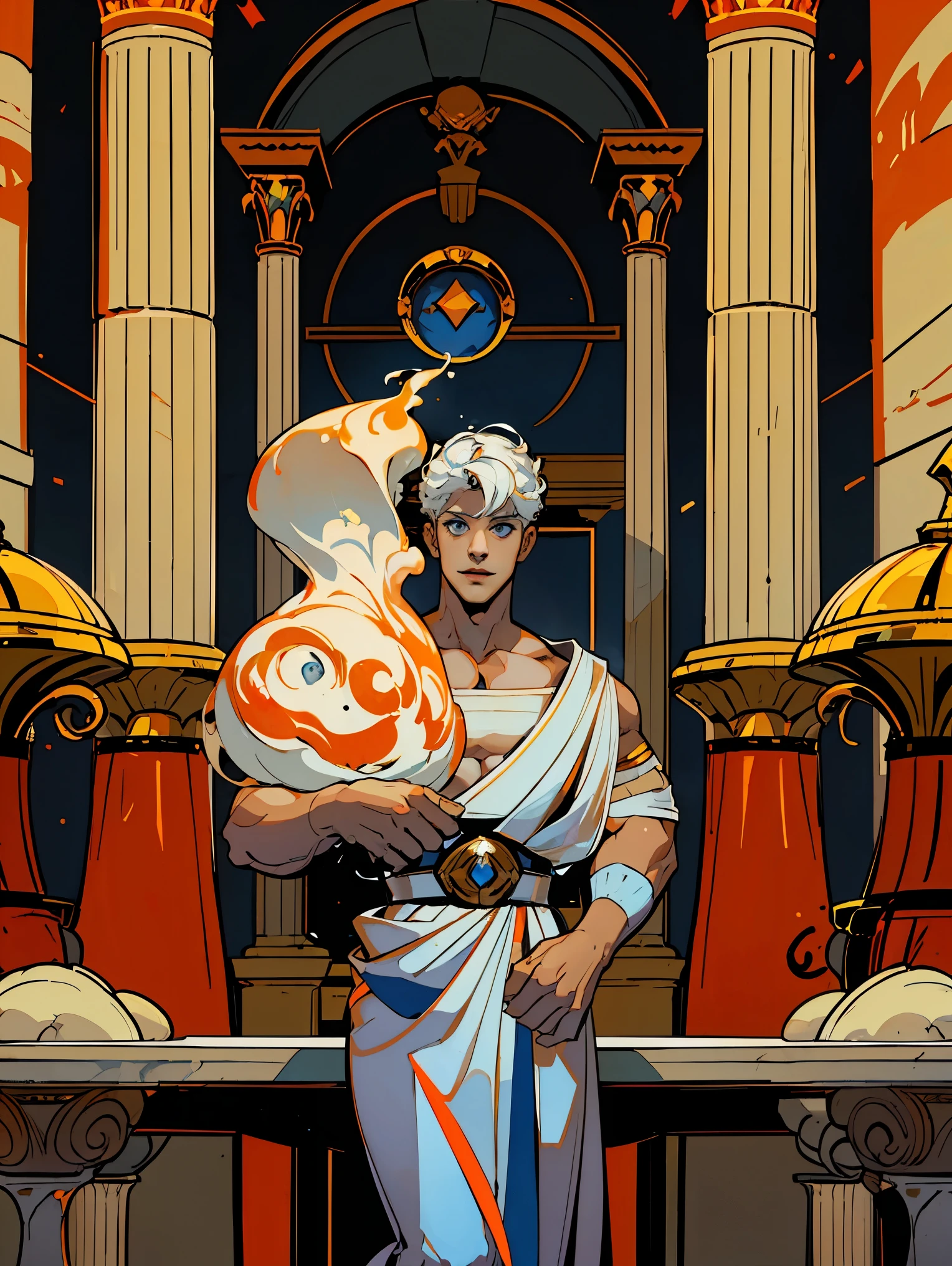 1boy, 25 years old, young, man, white hair, blue eyes, cheveux blancs, mid lenght hair, bowl haircut, bowl hair cut, boss, formal business outfit, white outfit, arrogant look, hades style, hades game, Jen zee style, greek themed image, greek background, hypnos, tartarus scenery, fumes, greek columns in background, lots of columns, greek architecture, white themed image, white furniture, orange touches of color, orange walls