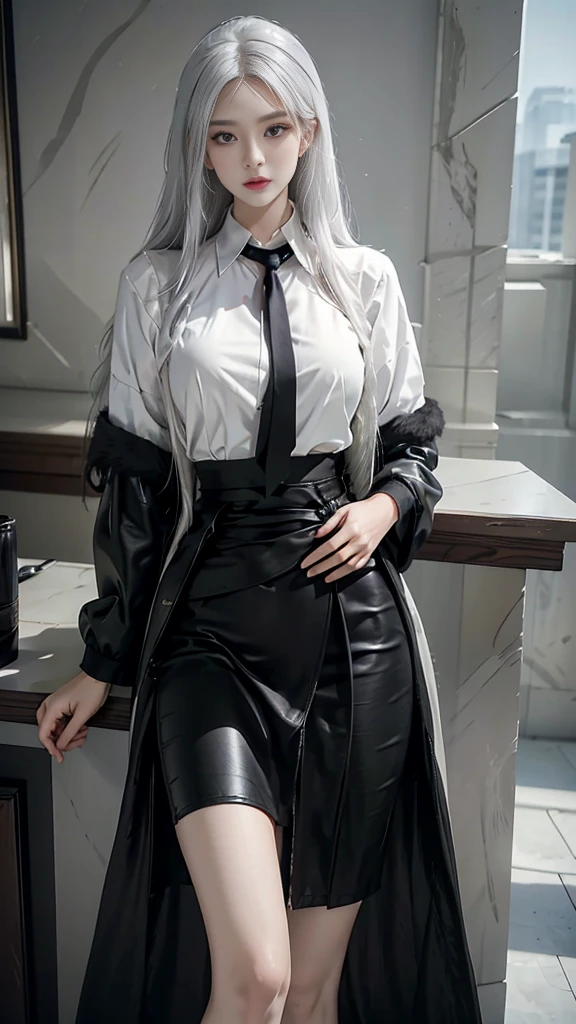 Reality, high resolution, 1 female, Solitary, Above the waist, beautiful eyes, Close your lips, Delicate face, White hair, Long hair, Collared shirt, Black tie,Black skirt, Pencil Skirt, Fur coat,