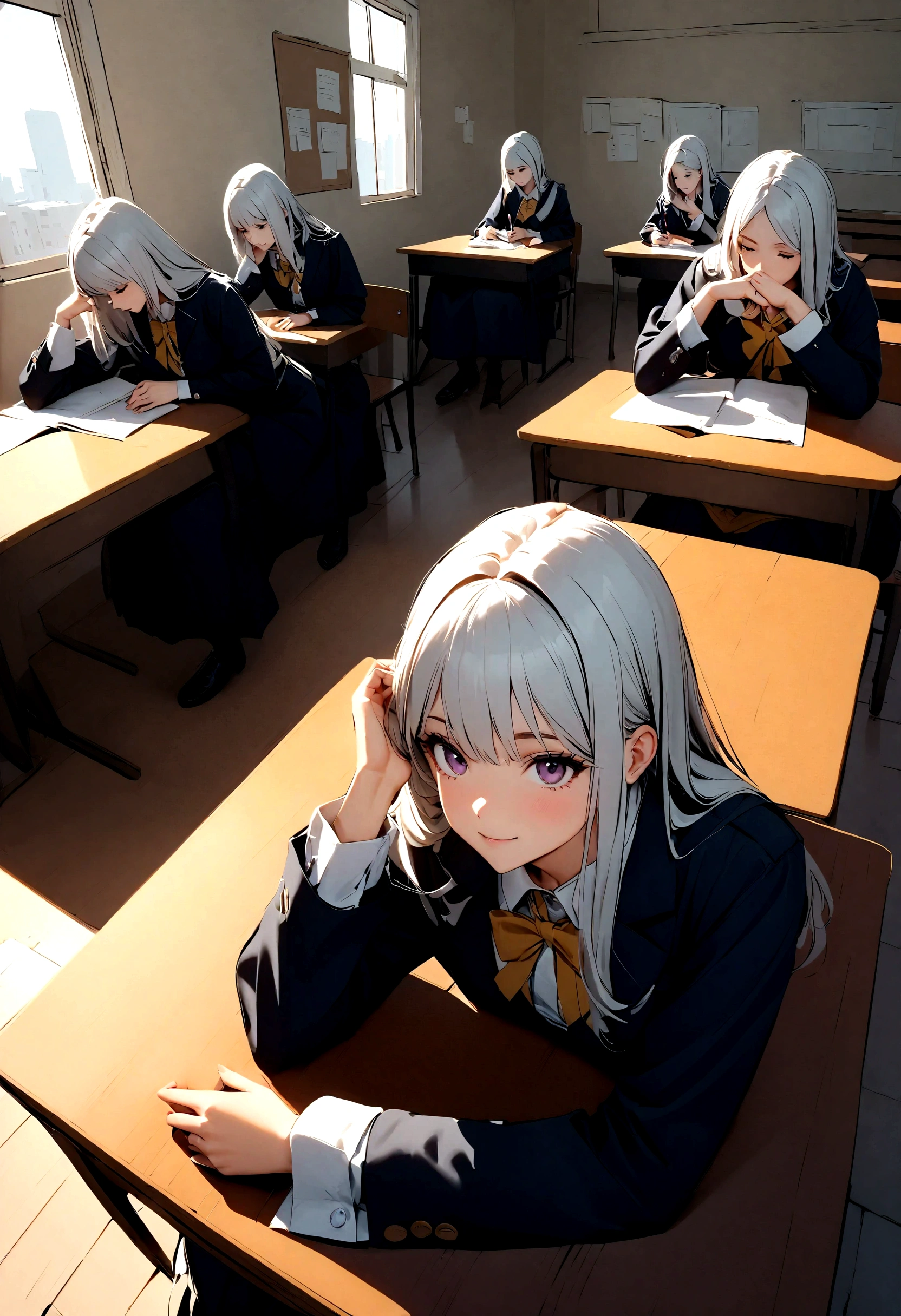 ((muitos estudantes:1.9) are sitting at the table taking the exam:1.5), (1 mulher tirando selfie pelo iphone dela mesma fazendo o exame),1 papel de teste em cada mesa. QUEBRAR ,qualidade\(8K,papel de parede de unidade CG extremamente detalhada, obra-prima,high resolution,top-qualidade,top-qualidade real texture skin,hiper-realista,Increase resolution,Fotos RAW,melhor qualidade,altamente detalhado,o papel de parede,cinematic lighting,ray tracing,golden ratio\),(Tiro longo),dramatic angle,(top down view:1.3),desviando o olhar,(students and desks are well aligned :0.2),(better hands)