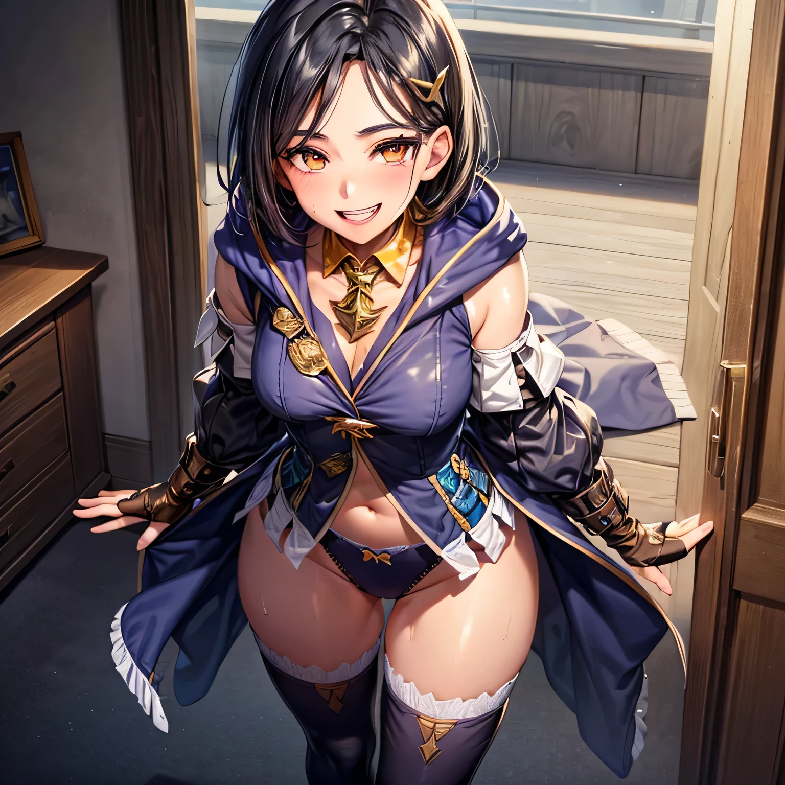 ultra-detailed,best quality,masterpiece,ultra-detailed,high resolution,extremely detailed CG,perfect anatomy,detailed,cinematic lighting,beautiful detailed eyes,ultra high res,solo,(solo focus:1.6),1girl,(:1.4),(tall:1.6),gleaming skin,oil skin,sweat,humid,trembling,strong light coming in,spot lighting,bright,clothed,(fancy underwear:1.2),(bed:1.2),(seductive smile:1.8),(open mouth:1.3),pov,(naughty :1.3),(slut:1.25),(vulgarity:1.25),Rinwell, short hair, hair ornament, skirt, thighhighs, fingerless gloves, detached sleeves, hood down, sleeveless coat