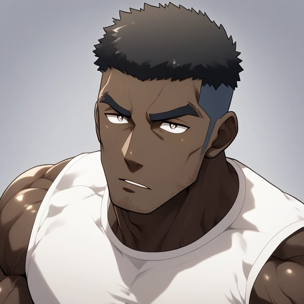 negro, negro, negro, anime characters：Gyee, Fitness coach, negro black skin, 1 muscular tough guy, Manliness, male focus, Cream White Sleeveless Tight T-Shirt, Very tight, The pectoral muscles are oversized, Slightly transparent, muscular male, muscular, only, Upper body, alone, White short hair, Thick eyebrows, stubble, Black gemstone eyes, Shiny, Grey background, simple background, amazing quality, best aesthetics, Ridiculous, bright pupils, crew cut, parted lips, seductive smile, torogao, naughty face, drop shadow, best quality