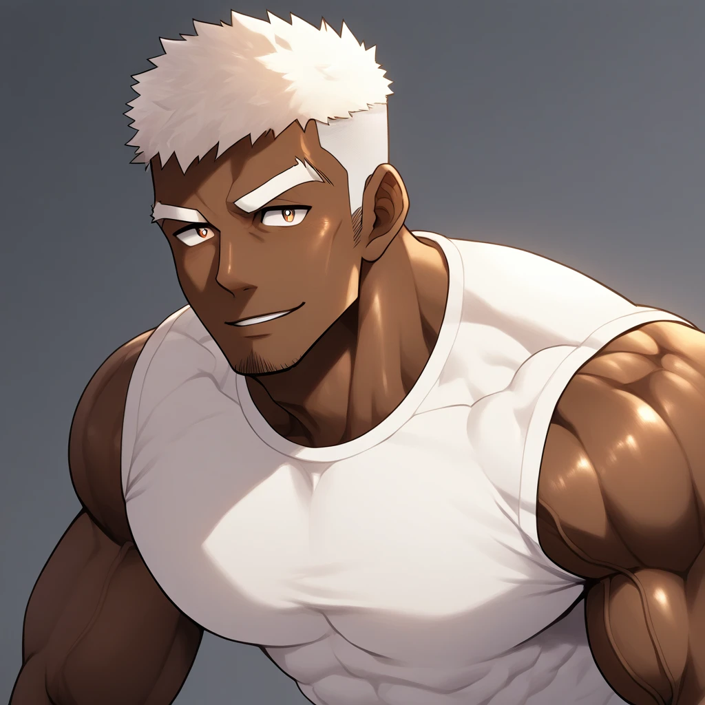 negro, negro, negro, anime characters：Gyee, Fitness coach, negro black skin, 1 muscular tough guy, Manliness, male focus, Cream White Sleeveless Tight T-Shirt, Very tight, The pectoral muscles are oversized, Slightly transparent, muscular male, muscular, only, Upper body, alone, White short hair, Thick eyebrows, stubble, Black gemstone eyes, Shiny, Grey background, simple background, amazing quality, best aesthetics, Ridiculous, bright pupils, crew cut, parted lips, seductive smile, torogao, naughty face, drop shadow, best quality