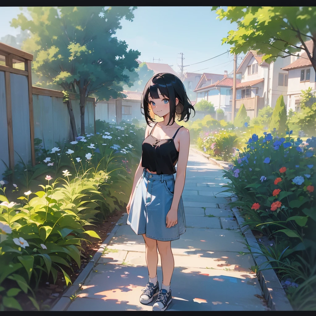 (high quality, High resolution, Very detailed, reality:1.37), Peaceful atmosphere, (Outdoor, garden), age girl standing alone, (my breasts are big.), Beautiful details, Cute Smile, (Black bob hair), camisole, Denim skirt, Blue socks, sneakers.