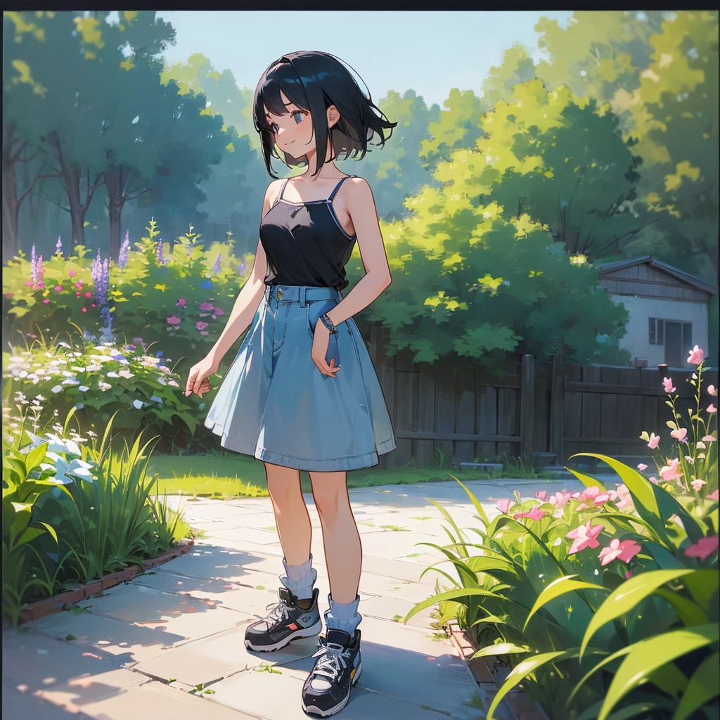 (high quality, High resolution, Very detailed, reality:1.37), Peaceful atmosphere, (Outdoor, garden),  girl standing alone, (my breasts are big.), Beautiful details, Cute Smile, (Black bob hair), camisole, Denim skirt, Blue socks, sneakers.