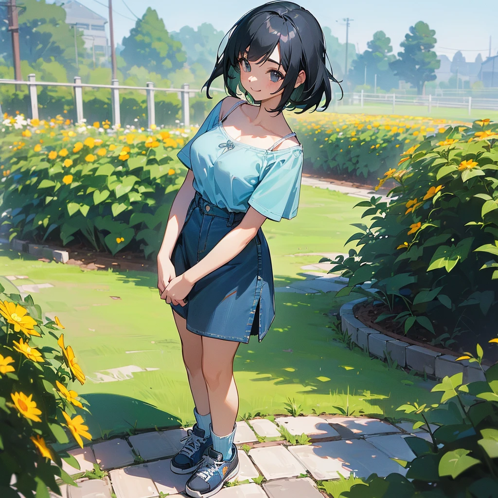 (high quality, High resolution, Very detailed, reality:1.37), Peaceful atmosphere, (Outdoor, garden), age girl standing alone, (my breasts are big.), Beautiful details, Cute Smile, (Black bob hair), camisole, Denim skirt, Blue socks, sneakers.