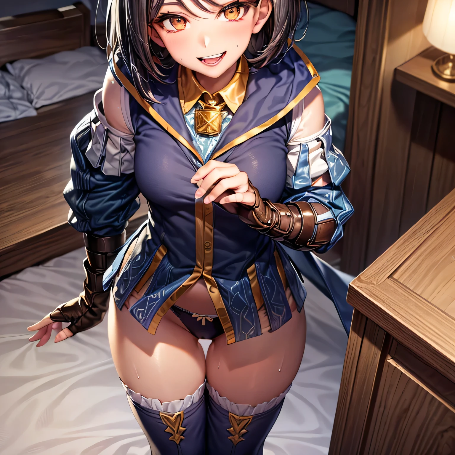 ultra-detailed,best quality,masterpiece,ultra-detailed,high resolution,extremely detailed CG,perfect anatomy,detailed,cinematic lighting,beautiful detailed eyes,ultra high res,solo,(solo focus:1.6),1girl,(:1.4),(tall:1.6),gleaming skin,oil skin,sweat,humid,trembling,strong light coming in,spot lighting,bright,clothed,(fancy underwear:1.2),(bed:1.2),(seductive smile:1.8),(open mouth:1.3),pov,(naughty :1.3),(slut:1.25),(vulgarity:1.25),Rinwell, short hair, hair ornament, skirt, thighhighs, fingerless gloves, detached sleeves, hood down, sleeveless coat