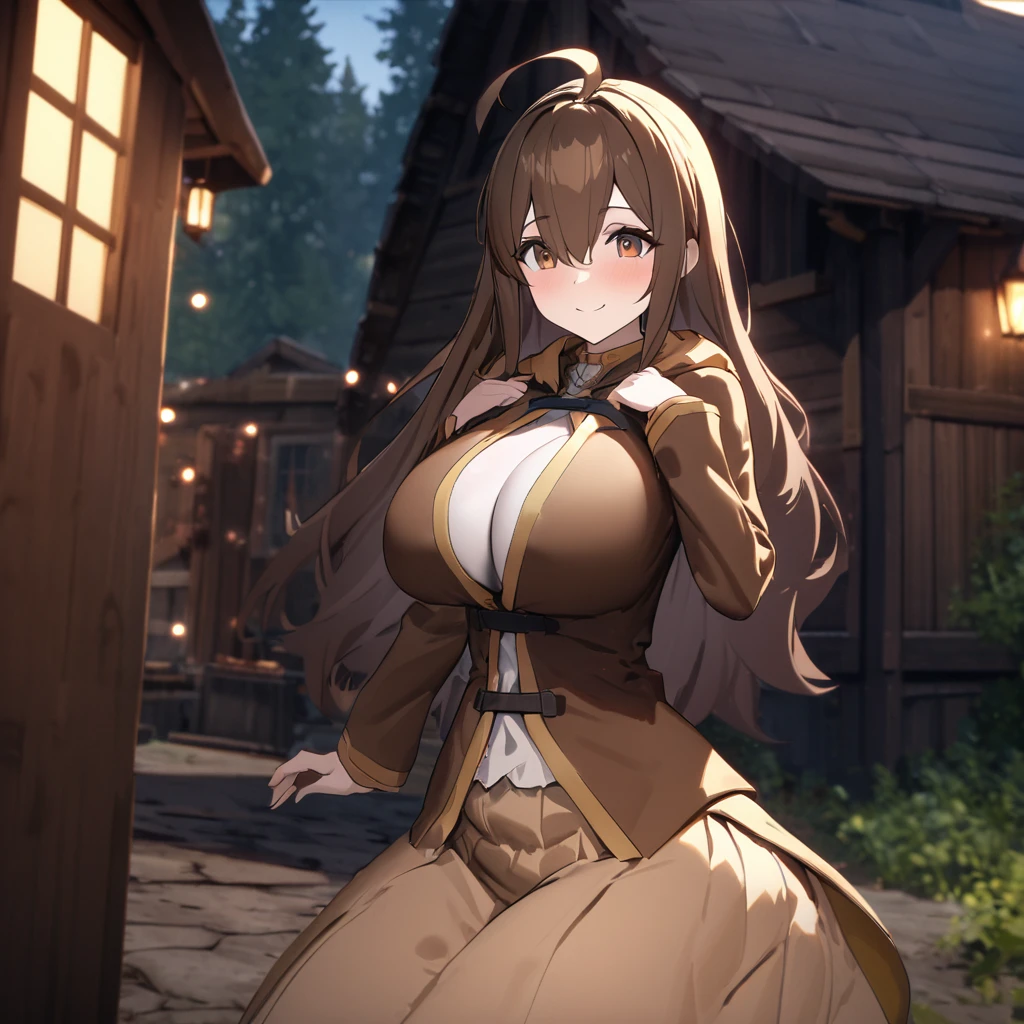 A woman wearing a cold brown jacket, luxury brown skirt, brown hair, ahoge, long hair, brown eyes, smiling, bangs in the eyes, big breasts, outside a wooden house with forest around it, forest with plantation yellow, isekai fantasy aesthetic. UHD , work- prime, precise, anatomically correct, textured skin, super details, high quality, best quality, 8k, high resolution, bokeh effect. (woman alone)
