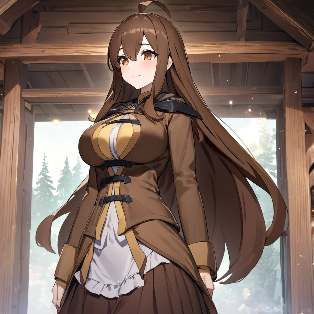 A woman wearing a cold brown jacket, luxury brown skirt, brown hair, ahoge, long hair, brown eyes, smiling, bangs in the eyes, big breasts, outside a wooden house with forest around it, forest with plantation yellow, isekai fantasy aesthetic. UHD , work- prime, precise, anatomically correct, textured skin, super details, high quality, best quality, 8k, high resolution, bokeh effect. (woman alone)
