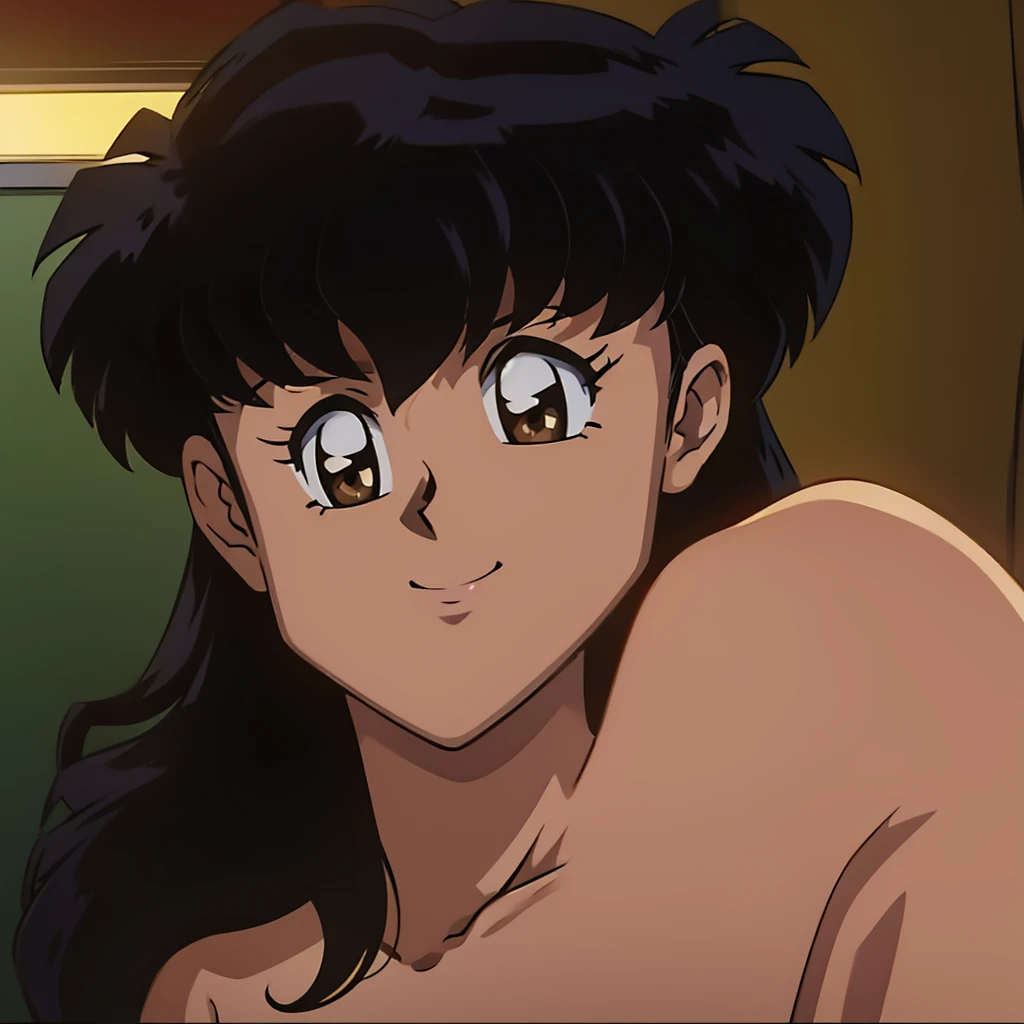 kagome, , solo, long_hair, looking_at_viewer, smile, short_hair, bangs, shirt, black_hair, hair_between_eyes, brown_eyes, closed_mouth,light_smile, portrait, style_parody, official_style, (completely nude:1.2),