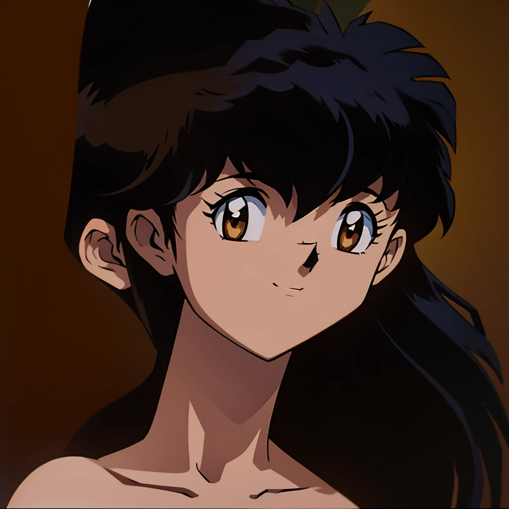 kagome, , solo, long_hair, looking_at_viewer, smile, short_hair, bangs, shirt, black_hair, hair_between_eyes, brown_eyes, closed_mouth,light_smile, portrait, style_parody, official_style, (completely nude:1.2),