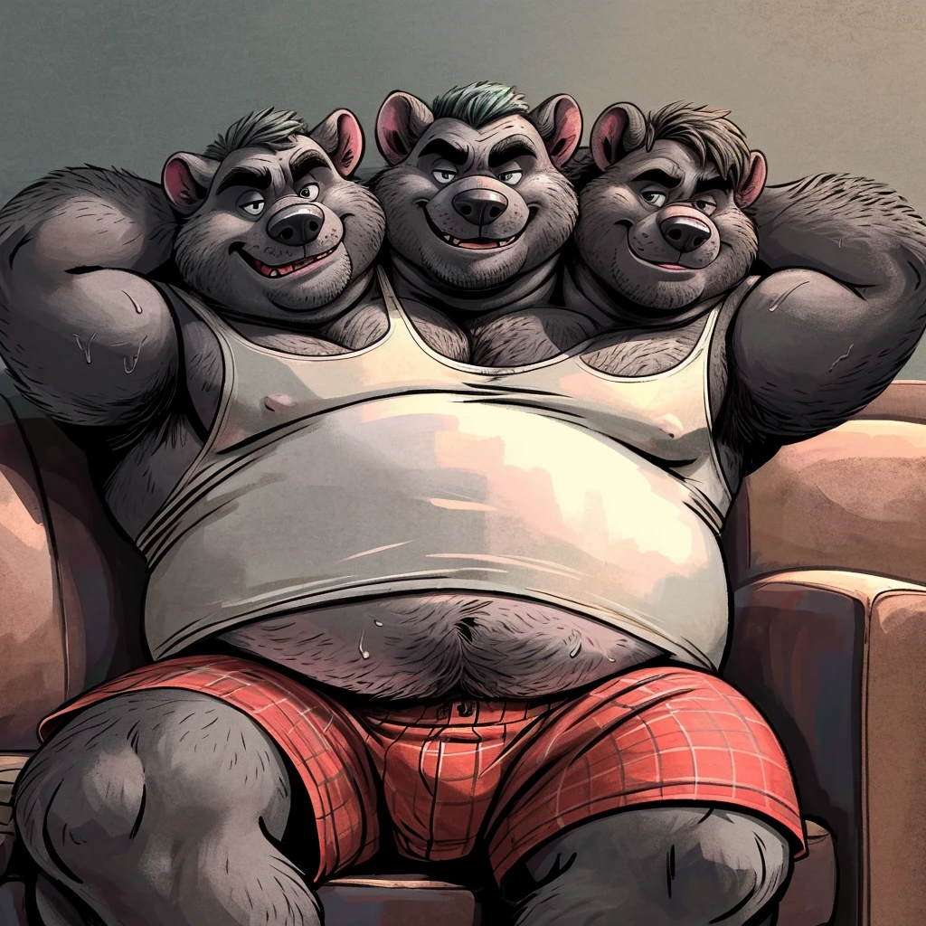 solo, skunk, four identical heads on one body, ears, tail, masculine, necks, pixar eyes, adult, male, 50 years old, by dramamine, (ugly, fat, dadbod, chubby, big belly, sweaty, black and white fur, solid gray background, (white sleeveless shirt, boxers), correct hands, correct anatomy, (ultradetailed, best quality, detailed masterpiece, highly detailed masterpiece, 4k, professional cartoon), (natural pose, sitting on couch, hands behind head, nuanced expressions)