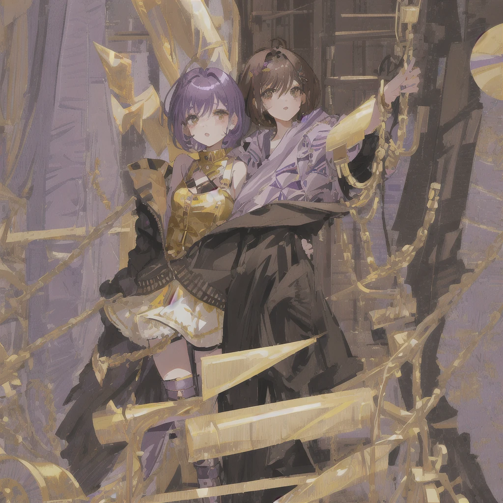 1 girl with short purple hair, gold brown eyes, and brown skin. The girl is wearing goth eclectic fashion style