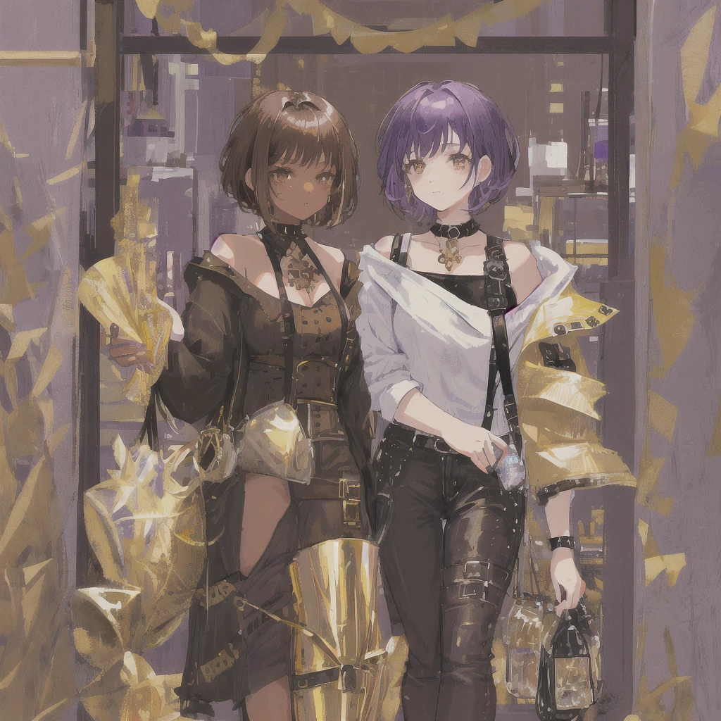 1 girl with short purple hair, gold brown eyes, and brown skin. The girl is wearing goth eclectic fashion style