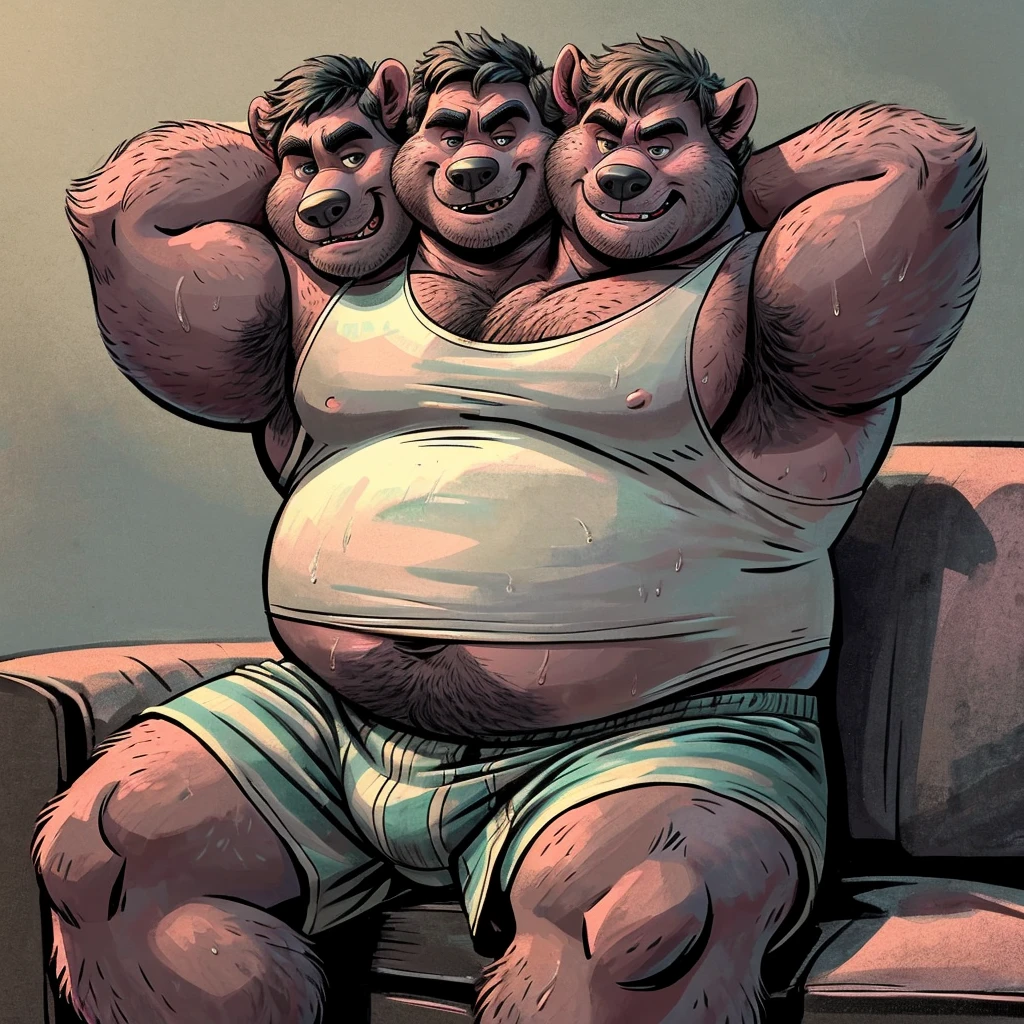 solo, skunk, four identical heads on one body, ears, tail, masculine, necks, pixar eyes, adult, male, 50 years old, by dramamine, (ugly, fat, dadbod, chubby, big belly, sweaty, black and white fur, solid gray background, (white sleeveless shirt, boxers), correct hands, correct anatomy, (ultradetailed, best quality, detailed masterpiece, highly detailed masterpiece, 4k, professional cartoon), (natural pose, sitting on couch, hands behind head, nuanced expressions)