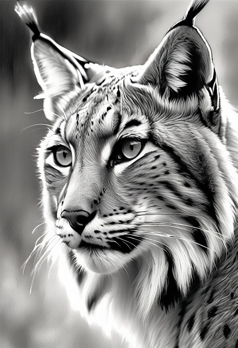 stunning black and white graphite sketch of a beautiful Lynx, (by Alyssa Monks:1.1), by Joseph Lorusso, by Lilia Alvarado, beautiful lighting, sharp focus, 8k, high res, (pores:0.1), (sweaty:0.8), Masterpiece, Nikon Z9, Award - winning photograph 