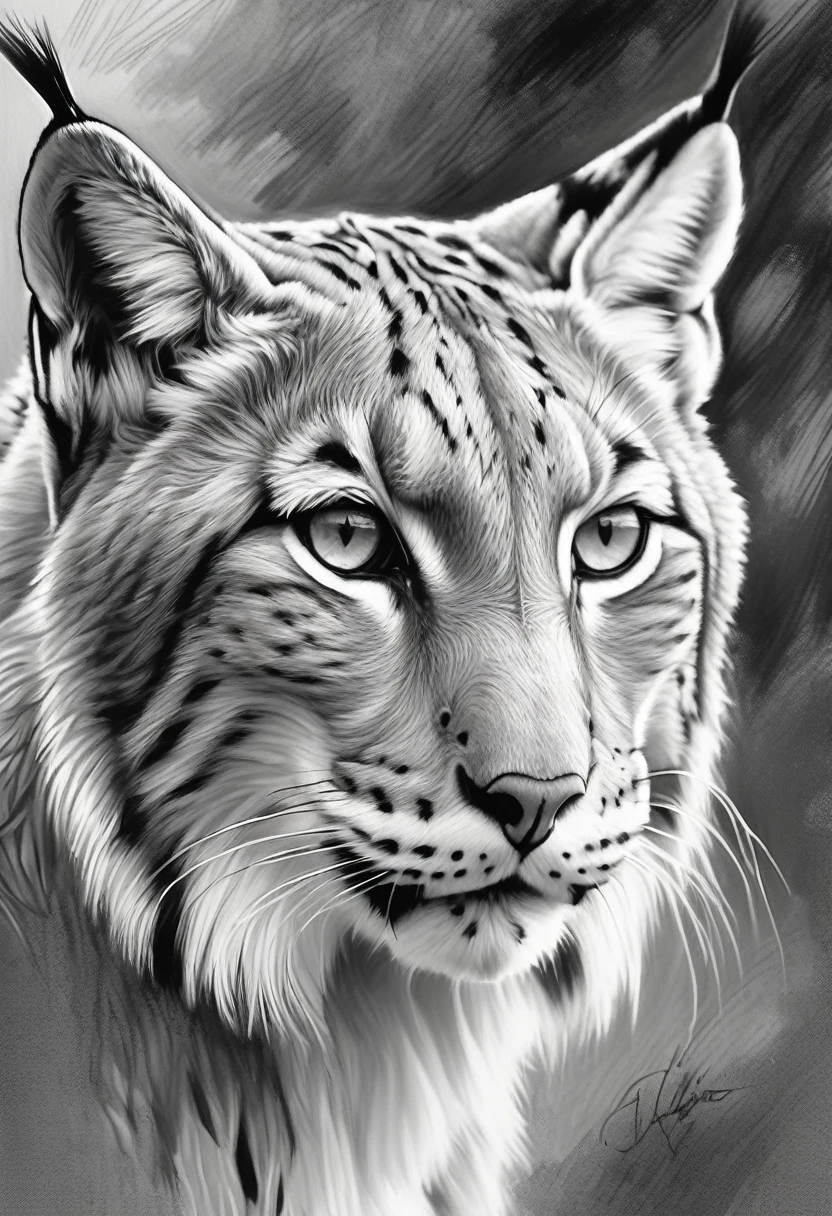 stunning black and white graphite sketch of a beautiful Lynx, (by Alyssa Monks:1.1), by Joseph Lorusso, by Lilia Alvarado, beautiful lighting, sharp focus, 8k, high res, (pores:0.1), (sweaty:0.8), Masterpiece, Nikon Z9, Award - winning photograph