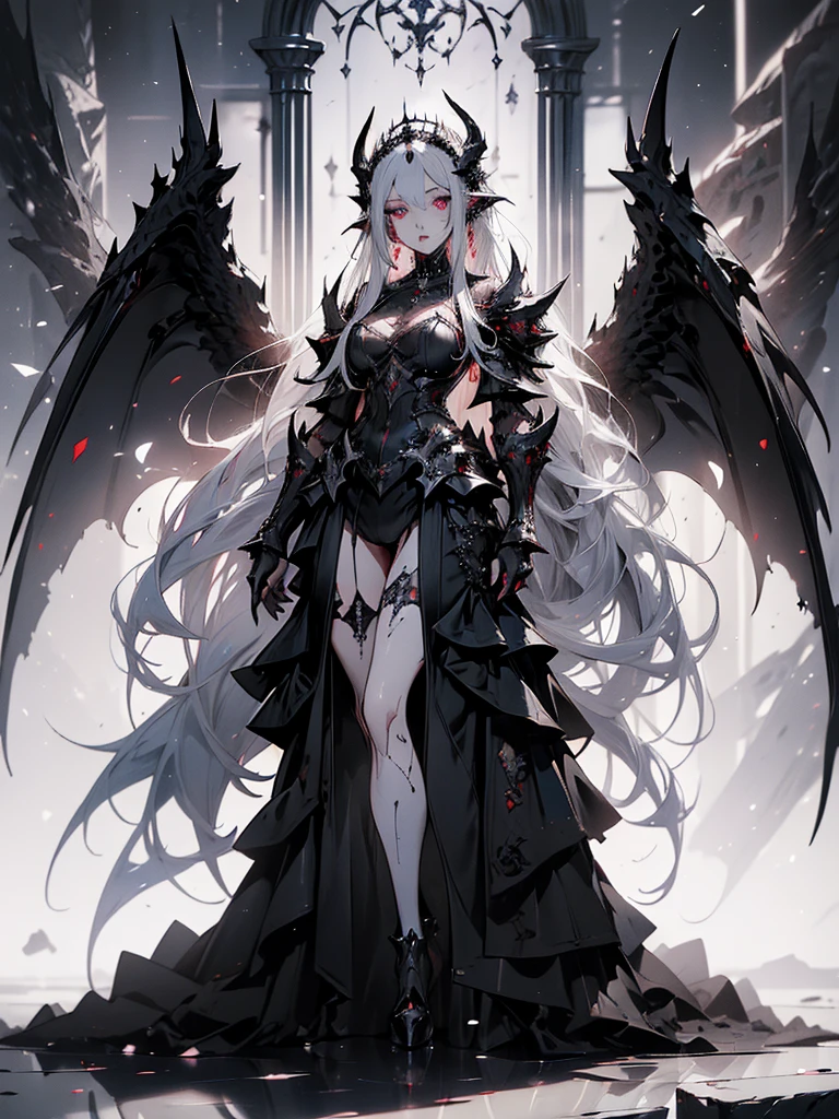 (((masterpiece, best quality, high detailed, 8k)))queen power armor , (gothic style), full body view, The most beautiful and sexy demon goddess, long white hair, glowing red eyes, wearing detailed black gothic battle armor, black angel wings, tattoos and piercings, gothic castle, perfect masterpiece, high quality, high resolution
