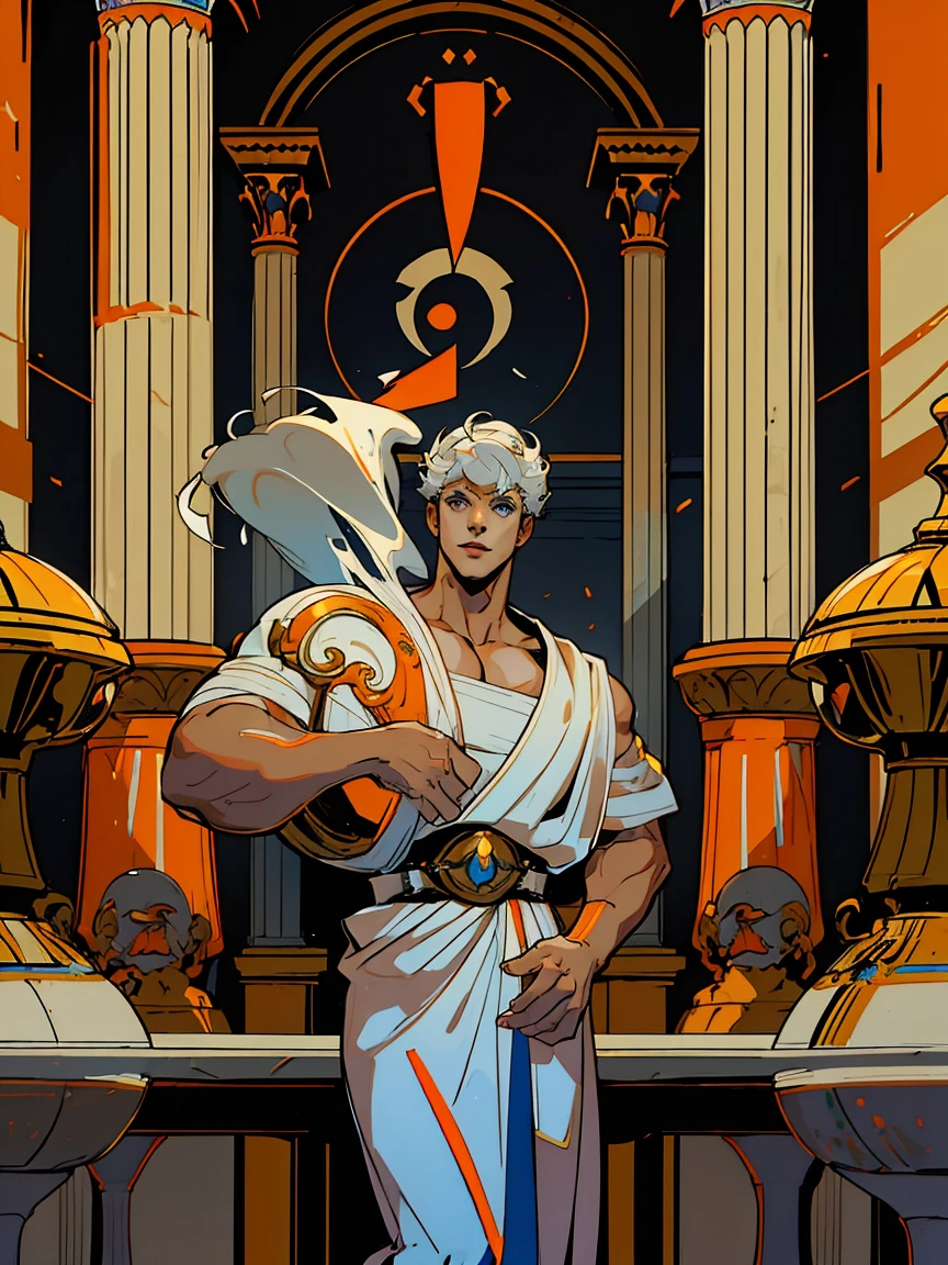 1boy, 25 years old, young, man, white hair, blue eyes, cheveux blancs, mid lenght hair, bowl haircut, bowl hair cut, boss, formal business outfit, white outfit, arrogant look, hades style, hades game, Jen zee style, greek themed image, greek background, hypnos, tartarus scenery, fumes, greek columns in background, lots of columns, greek architecture, white themed image, white furniture, orange touches of color, orange walls