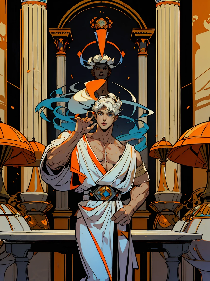1boy, 25 years old, young, man, white hair, blue eyes, cheveux blancs, mid lenght hair, bowl haircut, bowl hair cut, boss, formal business outfit, white outfit, arrogant look, hades style, hades game, Jen zee style, greek themed image, greek background, hypnos, tartarus scenery, fumes, greek columns in background, lots of columns, greek architecture, white themed image, white furniture, orange touches of color, orange walls