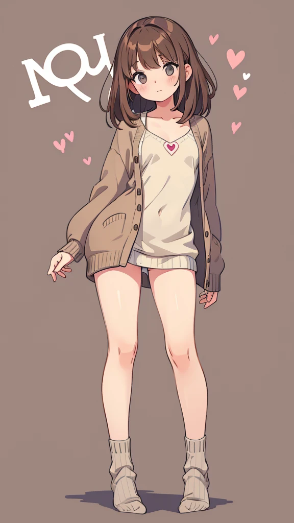 a beautiful young woman with brown hair and bangs, wearing a grey cardigan and socks, with a slim figure and flat chest, posing seductively against a heart-patterned background, highly detailed, photorealistic, 8k, masterpiece