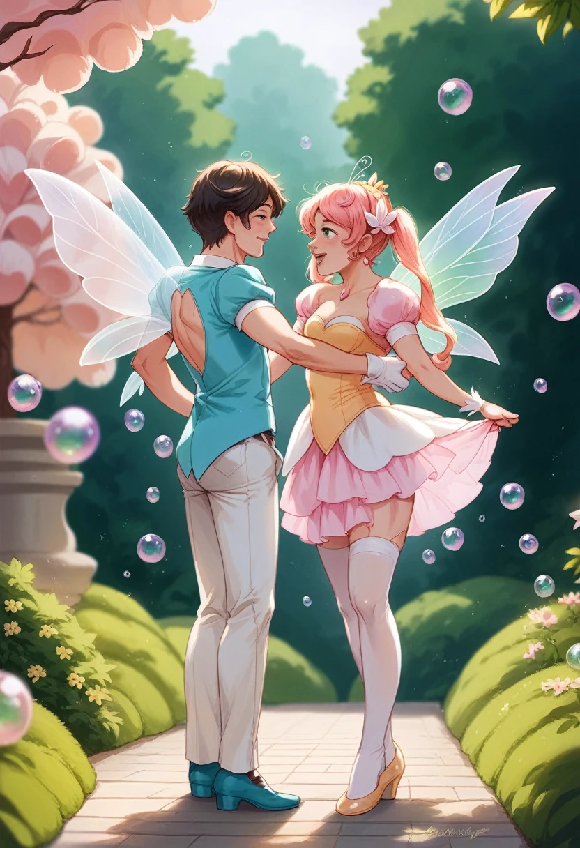 a boy and girl dressed in fairy costumes and white tights are standing in a garden, beautiful fairies, fairies, loish and ross tran, anime cosplay, faeries, publicity cosplay, glamourous cosplay, cosplay, fairycore, tiny faeries, bubbles, akehiko inoue and ross tran, professional cosplay, fairy aesthetics, cosplay photo, fairy dancing, very magical and dreamy