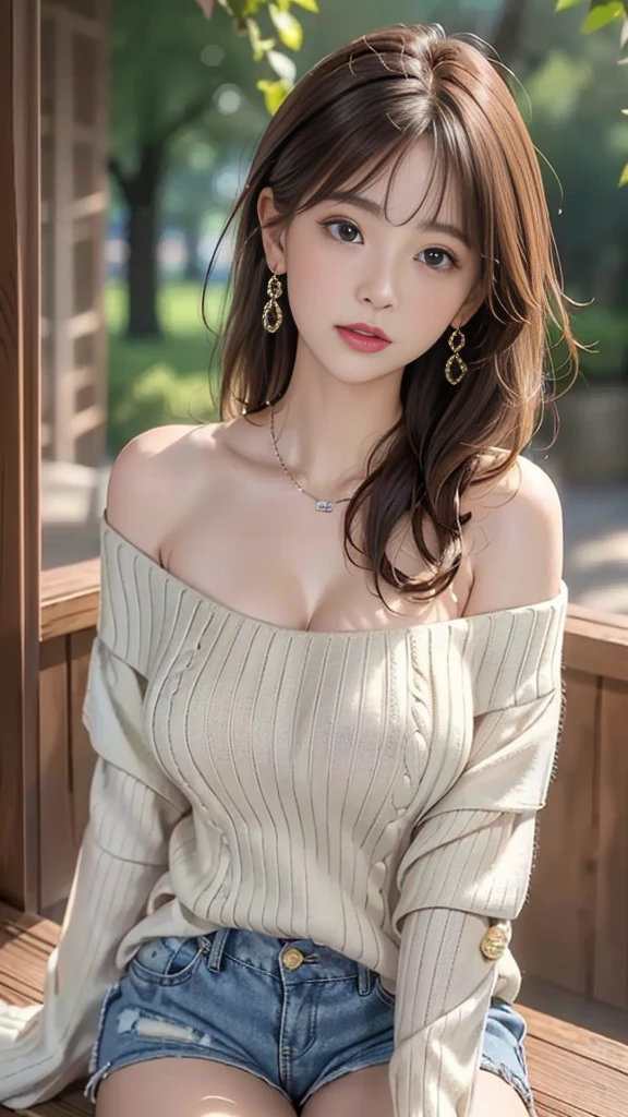 (Beautiful Japanese woman in the photo,1 person、28 years old、whole body,Fukaya,Diamond Earrings,Surface Focus,Sexy pose,Looking at the audience,(8K、original photo、Top quality、masterpiece:1.2)、(Realist、Photorealistic:1.37)、Dark brown hair、Detailed face、Delicate lips、Delicate eyes、More Skins、Double eyelids、(Big breasts:1.5)、(On the table), best quality, bloom, Exquisite,, (From below), (Knitwear:1.3), Off-shoulder sweater, (shorts:1.2), Bare shoulders, (Lower breasts:1.2), ((Dark Skin:0.8)), beautiful eyes, (Messy hair ), Over the shoulder shot, professional, Canon Camera, Nikon Camera, sharp, Bokeh, Studio Quality, Fisheye lens,necklace