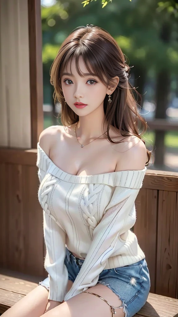 (Beautiful Japanese woman in the photo，1 person、28 years old、whole body，Fukaya，Diamond Earrings，Surface Focus，Sexy pose，Looking at the audience，(8K、original photo、Top quality、masterpiece:1.2)、(Realist、Photorealistic:1.37)、Dark brown hair、Detailed face、Delicate lips、Delicate eyes、More Skins、Double eyelids、(Big breasts:1.5)、(On the table), best quality, bloom, Exquisite,, (From below), (Knitwear:1.3), Off-shoulder sweater, (shorts:1.2), Bare shoulders, (Lower breasts:1.2), ((Dark Skin:0.8)), beautiful eyes, (Messy hair ), Over the shoulder shot, professional, Canon Camera, Nikon Camera, sharp, Bokeh, Studio Quality, Fisheye lens，necklace