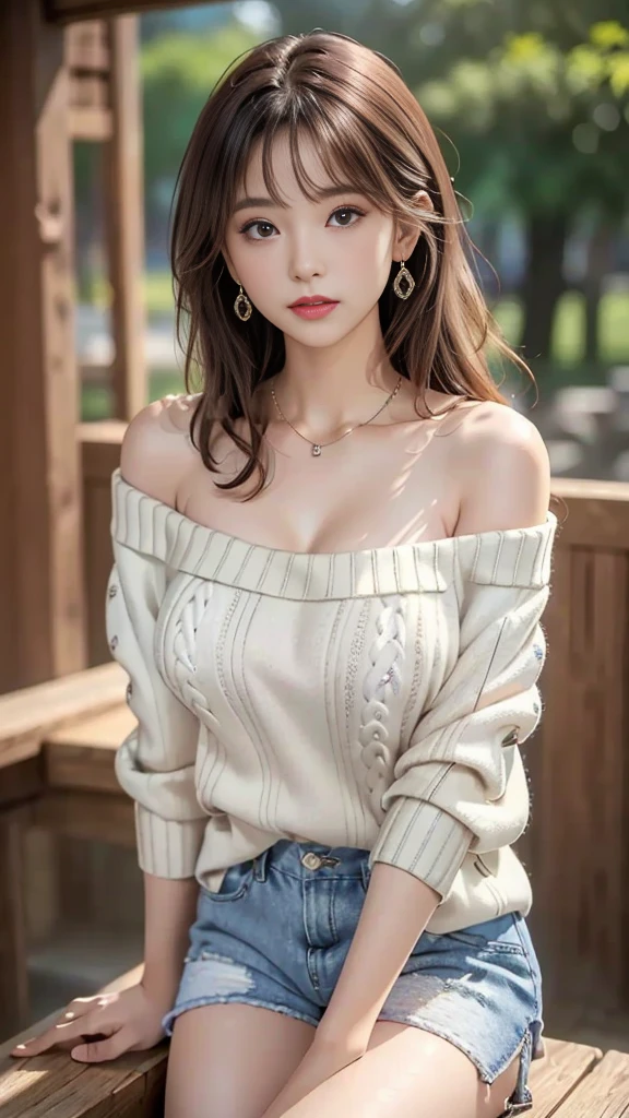 (Beautiful Japanese woman in the photo，1 person、28 years old、whole body，Fukaya，Diamond Earrings，Surface Focus，Sexy pose，Looking at the audience，(8K、original photo、Top quality、masterpiece:1.2)、(Realist、Photorealistic:1.37)、Dark brown hair、Detailed face、Delicate lips、Delicate eyes、More Skins、Double eyelids、(Big breasts:1.5)、(On the table), best quality, bloom, Exquisite,, (From below), (Knitwear:1.3), Off-shoulder sweater, (shorts:1.2), Bare shoulders, (Lower breasts:1.2), ((Dark Skin:0.8)), beautiful eyes, (Messy hair ), Over the shoulder shot, professional, Canon Camera, Nikon Camera, sharp, Bokeh, Studio Quality, Fisheye lens，necklace