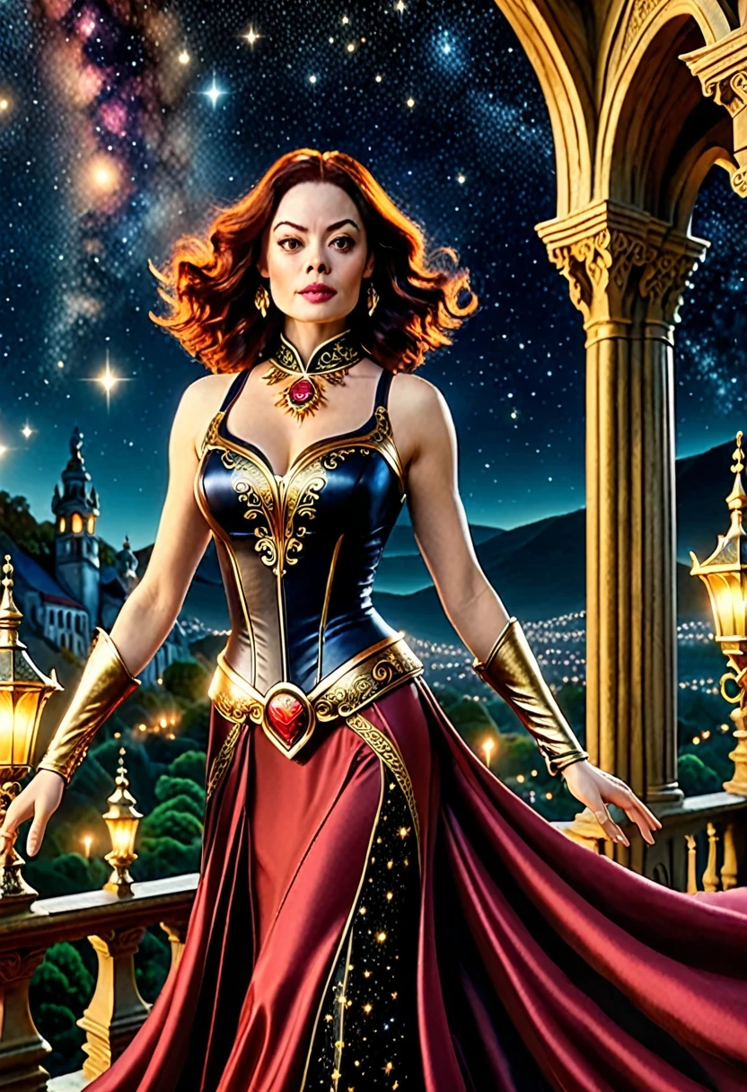 Uma bela e requintada mulher (Rose McGowan as Paige Matthews, from the Charmed series) standing under the starry night sky on the balcony of her monastery, action photo, dynamic angle (ultra detalhado, Obra-prima, melhor qualidade), rosto ultra detalhado (ultra detalhado, Obra-prima, melhor qualidade), ultra feminina, (pele clara: 1,3), cabelos ondulados, dynamic eye color, olhos frios, olhos brilhantes, olhos intensos, dark red lips, [presas], vestindo preto (ultra detalhado, obra-prima , melhor qualidade), usando capa branca (ultra detalhada, Obra-prima, melhor qualidade), capa longa, flowing cape (ultra detalhada, Obra-prima, melhor qualidade), usando botas de salto alto, sky full of stars in the background, lua, action photo, detalhes altos, melhor qualidade, 16k, [ultra detalhado], obra-prima, melhor qualidade, (ultra detalhado), corpo inteiro, foto ultra ampla, fotorrealismo, arte de fantasia sombria, arte de fantasia sombria, muitas estrelas, escuro arte de fantasia, feeling dread.