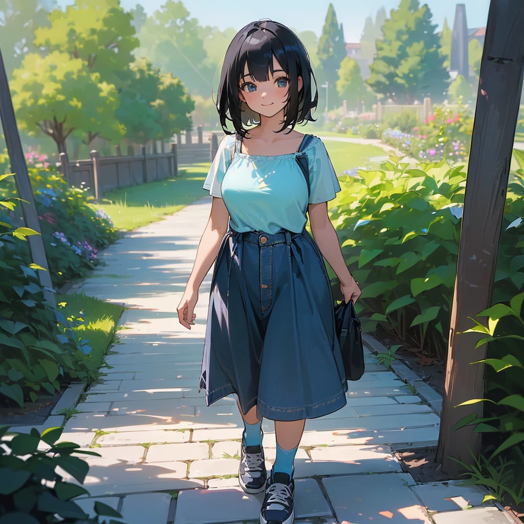 (high quality, High resolution, Very detailed, reality:1.37), Peaceful atmosphere, (Outdoor, garden), Teenage girl standing alone, (my breasts are big.), Beautiful details, Cute Smile, (Black bob hair), camisole, Denim skirt, Blue socks, sneakers.