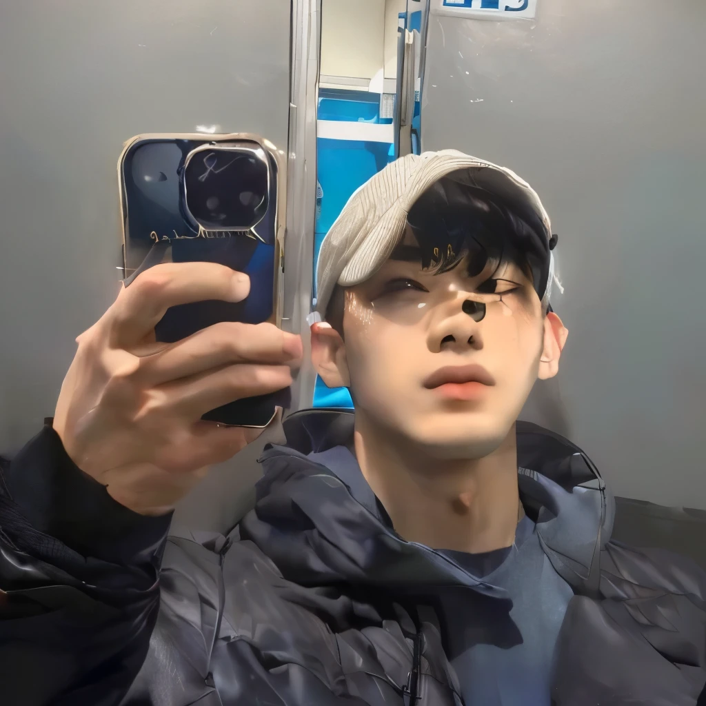 Arafed man taking a selfie in a public toilet, Jinyoung Shin, kim doyoung, 8k selfie photography, cai xukun, hyung tae, kim taejin, taken in the early 2020s, hombre surcoreano, selfie con iPhone, malvado ulzzang, 22 years, 21 years, foto de perfil en la cabeza, 23 years