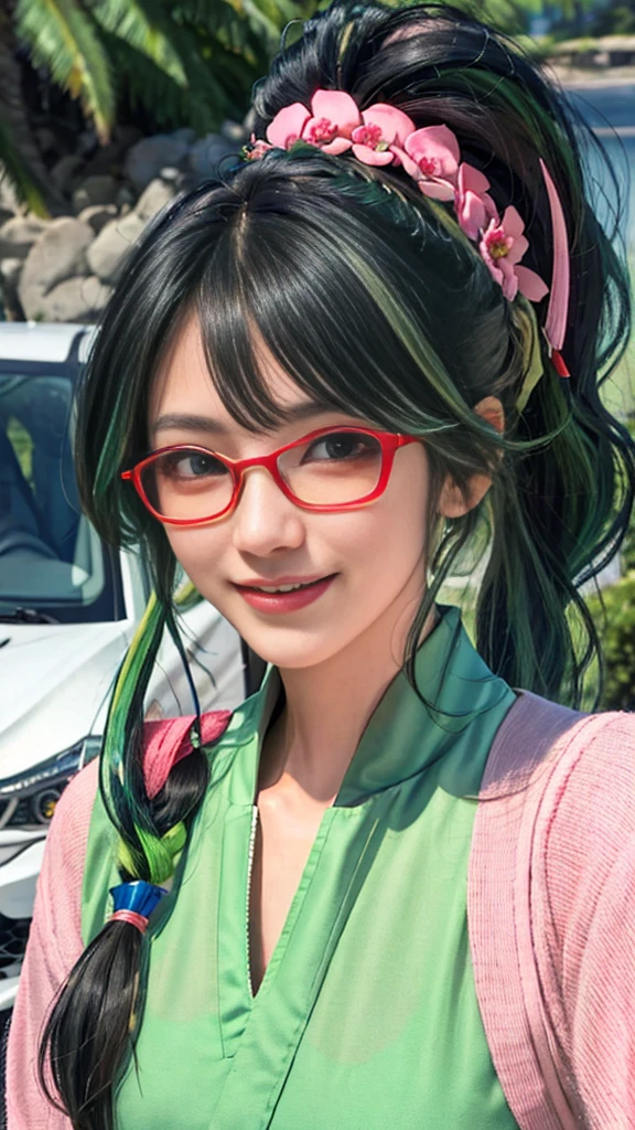 best quality,masterpiece,, Hate, Upper Body,Long ponytail hairstyle,black hair and green hair, Good-looking hair accessories, Eye color is light green,Wearing red glasses, White skin,Smile,Bangs,Happy hair,Front view of the vehicle,Pink sailor suit,