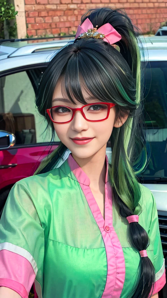 best quality,masterpiece,, Hate, Upper Body,Long ponytail hairstyle,black hair and green hair, Good-looking hair accessories, Eye color is light green,Wearing red glasses, White skin,Smile,Bangs,Happy hair,Front view of the vehicle,Pink sailor suit,