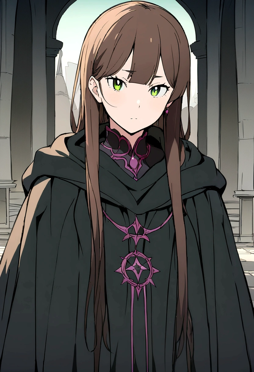 Masterpiece, High quality, High quality of art, best quality, best details, anime lineart, Re:Zero art style, 1boy, boy teenager, dark brown hair, Length of hair to the neck, dark brown green eyes color, Tall stature, black cultist robe
