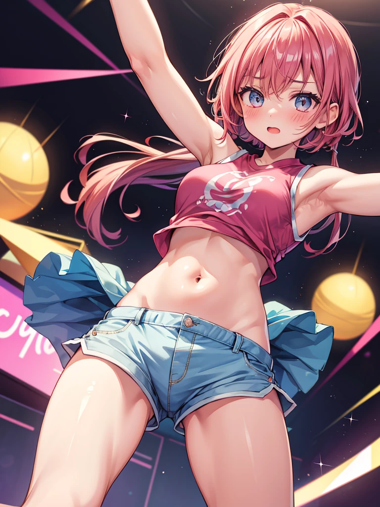 1 girl, high quality, beautiful eyes, best quality, masterpiece, highres, offbelly, offsholder, sleeveless shirts, short shorts, shiny thigh, sweats, blush, dancing, dynamic pose, TodorokiHajime, 