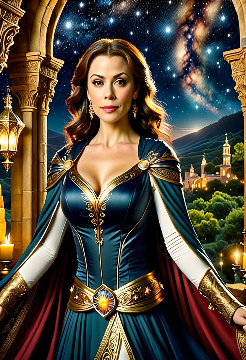 uma bela e requintada mulher (Alyssa Milano as Phoebe Halliwell, from the Charmed series) standing under the starry night sky on the balcony of her monastery, action photo, dynamic angle (ultra detalhado, Obra-prima, melhor qualidade), rosto ultra detalhado (ultra detalhado, Obra-prima, melhor qualidade), ultra feminina, (pele clara: 1,3), cabelos ondulados, dynamic eye color, olhos frios, olhos brilhantes, olhos intensos, dark red lips, [presas], vestindo preto (ultra detalhado, obra-prima , melhor qualidade), usando capa branca (ultra detalhada, Obra-prima, melhor qualidade), capa longa, flowing cape (ultra detalhada, Obra-prima, melhor qualidade), usando botas de salto alto, sky full of stars in the background, lua, action photo, detalhes altos, melhor qualidade, 16k, [ultra detalhado], obra-prima, melhor qualidade, (ultra detalhado), corpo inteiro, foto ultra ampla, fotorrealismo, arte de fantasia sombria, arte de fantasia sombria, muitas estrelas, escuro arte de fantasia, feeling dread.