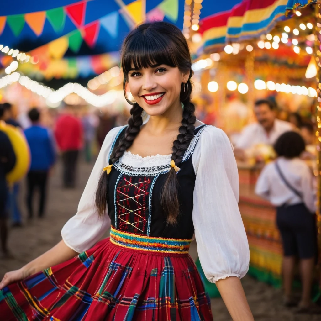 At night, a tall woman, messy short medium black hair with bangs, brown eyes, rock n roll style, is at a lively Festa Junina, standing in front of a brightly decorated stall. She’s captured mid-twirl, her skirt flaring out in motion. She is wearing a traditional Festa Junina dress with colorful plaid patterns, ribbons, and lace, paired with brown ankle boots. Her hair is styled in two playful braids adorned with small colorful bows. She is holding a traditional corn on the cob in one hand and has a big, joyous smile on her face. The background features vibrant decorations, such as colorful flags, lanterns, and a Ferris wheel lit up against the night sky, enhancing the festive atmosphere. Camera Type: DSLR. Lens: 35mm f/1.8. Exposure Settings: ISO 800, f/2.0, 1/100s. Lighting: Festive lights from the fair with a soft spotlight on her.
Composition: she is in the center, captured mid-twirl, creating a dynamic and joyful image. The colorful background and festive lights enhance the celebratory mood of the event.
