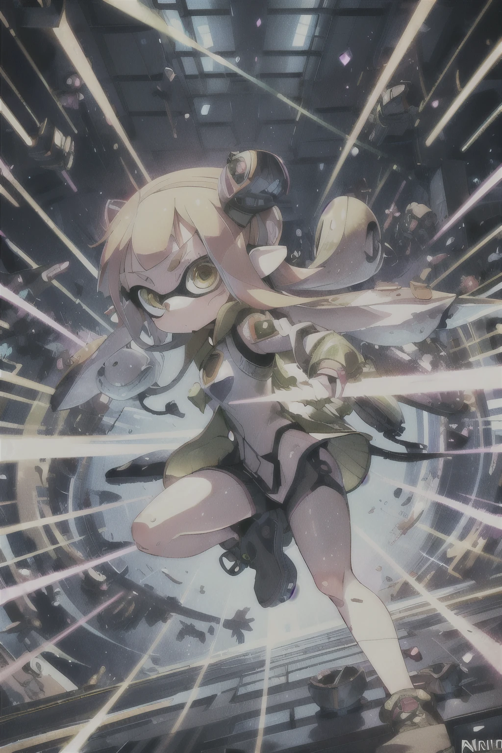 (masterpiece, Highest quality、High resolution), Real Anime、3D、(One Splatoon girl:1.2), Golden Eyes、Firing, laser, debris、Detailed face、Anatomically correct body、Dynamic poses with a sense of movement、Anime Color、
