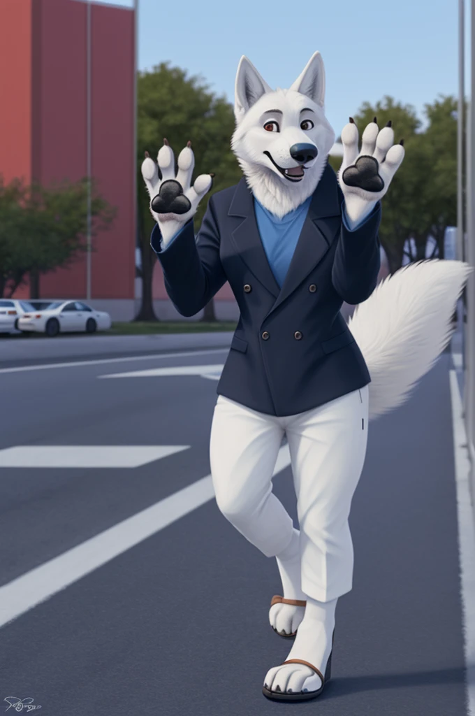 Barbara\(Moscow\), (white body:1.3), white fur, Brown eyes, Moscow, dressed, black jacket,trousers,blue,brown open heel sandals, canine, wolf, Detailed fur, Female, breast, antro, paw pads, finger claws, waving, waving at viewer, 5 fingers, paws, 4 toes,ring, 
BREAK from nextel, for dating, by xenoforge, (difficult, high detail, film photography, soft focus, RAW сидит,
Photorealism, realistic, photorealistic, digital style, Subsurface scattering,
masterpiece, Best quality, ultra realistic, 8 k)
