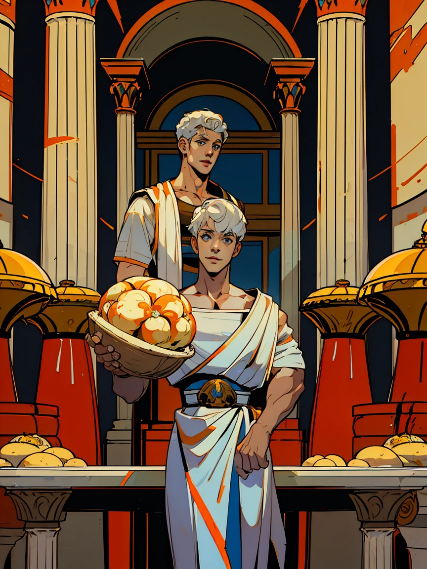 1boy, 25 years old, young, man, white hair, blue eyes, cheveux blancs, mid lenght hair, bowl haircut, bowl hair cut, boss, formal business outfit, white outfit, arrogant look, hades style, hades game, Jen zee style, greek themed image, greek background, hypnos, tartarus scenery, fumes, greek columns in background, lots of columns, greek architecture, white themed image, white furniture, orange touches of color, orange walls