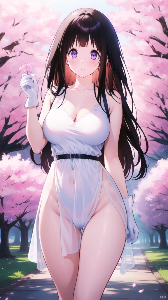 Amazing Chitanda, There is only one beautiful girl,Purple Eyes, Black Hair, Very red face,Very white skin,Glowing skin,Skin as delicate as porcelain,Naturally straight hair, Straight bangs,Extremely refined,Open lips,Long flowing hair,Beautiful Girl, Like a dream,Slim,Slim waist,Soft, (Sensual), (Kawaii), Dream quality,Beautiful big breasts,Transparent dress,Areola,Completely naked,White gloves,Flower decoration,Deep V neckline,Loose neckline,Wide neckline,Walking in school,Place your hands on your inner thighs,Sweaty and sweaty,Underwear Rain,Next to the cherry blossom trees,Back to,Lean over,Hips,Side body,Gluteal groove,Completely naked的臀部,Bare back,Completely naked的背部,Light transmission,(no pants),nopan,pussy juice,Bare shoulders,Bare neck,Exposed collarbone,Exposing breasts,Exposing breasts侧面,Exposing breasts下面,Show your waist,Show your buttocks,Show your thighs,Exposing the groin,(No pants),extremely shy,Ultra-high resolution, (masterpiece:1.2, best quality), (Delicate and beautiful eyes: 1.2), (Beautiful and delicate face)
