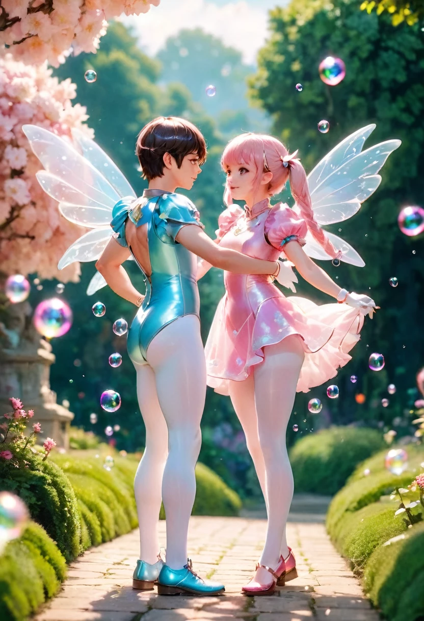 a boy and girl dressed in fairy costumes and white tights are standing in a garden, beautiful fairies, fairies, loish and ross tran, anime cosplay, faeries, publicity cosplay, glamourous cosplay, cosplay, fairycore, tiny faeries, bubbles, akehiko inoue and ross tran, professional cosplay, fairy aesthetics, cosplay photo, fairy dancing, very magical and dreamy