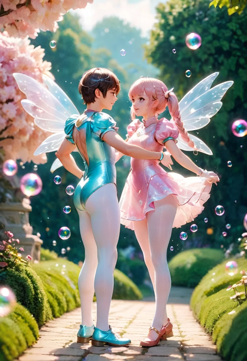 a boy and girl dressed in fairy costumes and white tights are standing in a garden, beautiful fairies, fairies, loish and ross tran, anime cosplay, faeries, publicity cosplay, glamourous cosplay, cosplay, fairycore, tiny faeries, bubbles, akehiko inoue and ross tran, professional cosplay, fairy aesthetics, cosplay photo, fairy dancing, very magical and dreamy