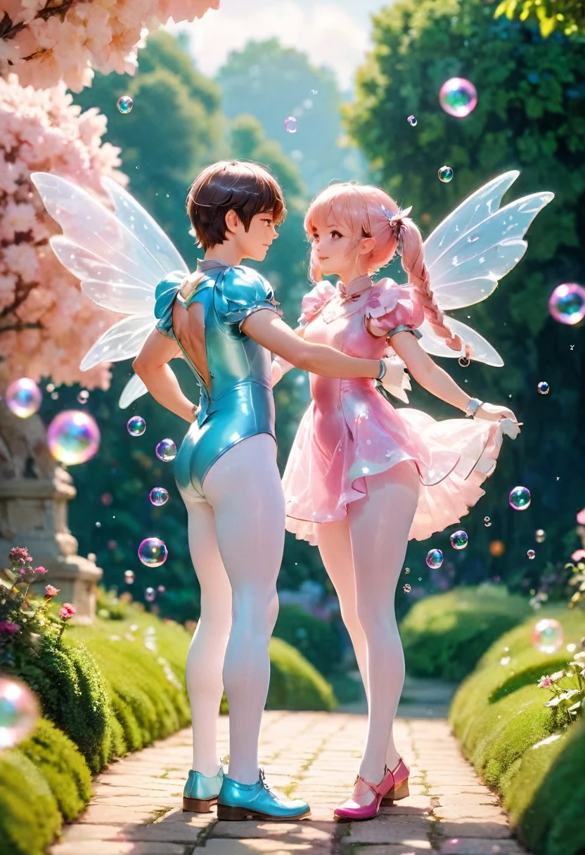 a boy and girl dressed in fairy costumes and white tights are standing in a garden, beautiful fairies, fairies, loish and ross tran, anime cosplay, faeries, publicity cosplay, glamourous cosplay, cosplay, fairycore, tiny faeries, bubbles, akehiko inoue and ross tran, professional cosplay, fairy aesthetics, cosplay photo, fairy dancing, very magical and dreamy