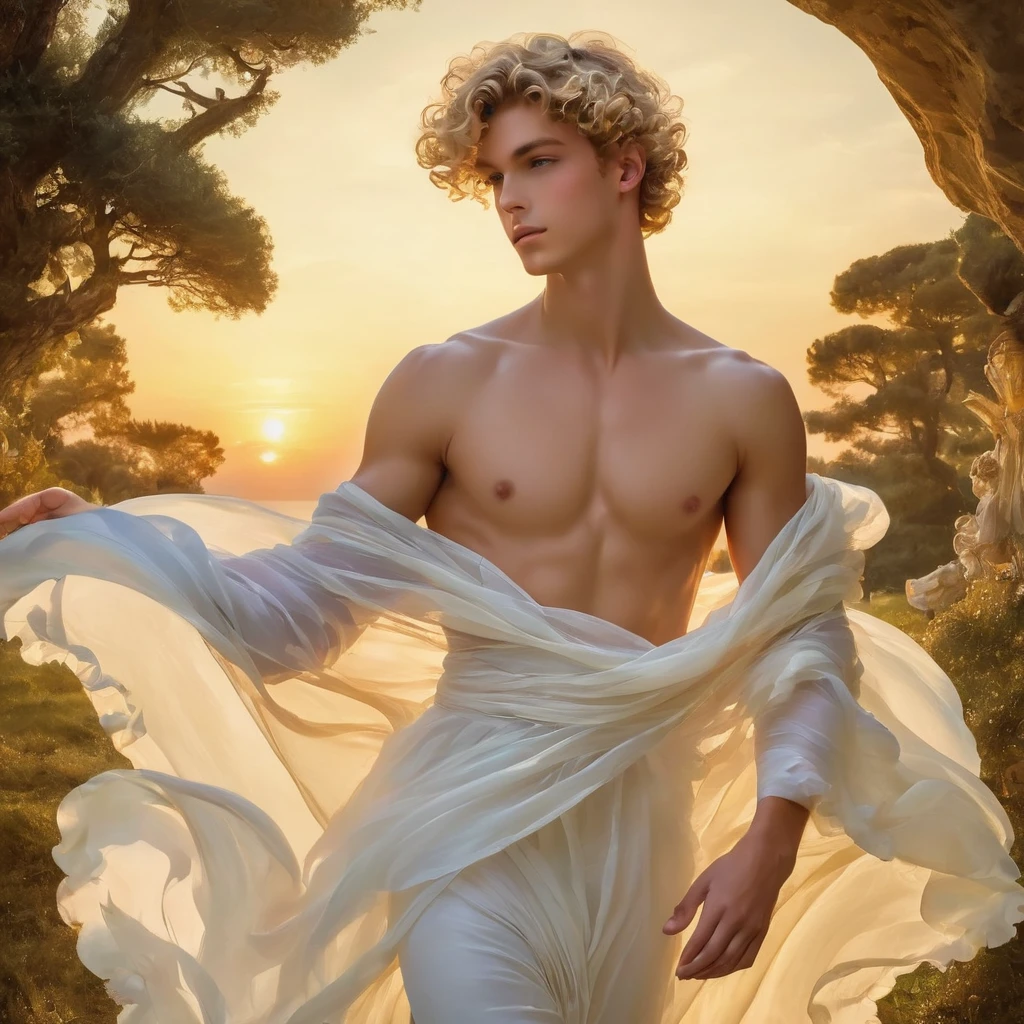 candid an photo of prince charming, 23 year old male supermodel, attractive and exotic, short curly blonde hair, a masculine appearance with slender smooth body, delicate and symmetrical face, natural olive skin tone, ((standing on a large seashell)), position in a graceful contrapposto stance, inspired by Sandro Botticelli's painting The Birth of Venus, he is wrapped in classical drapery sheer rainbow color fabric, with flowing dramatically in the wind, some fabric to billow as if caught by a gentle breeze. The composition include mythological elements, such as a backdrop of a serene with a golden sunrise and nymphs to frame the scene. Illuminate the scene with soft diffused lighting to create a dreamlike, celestial atmosphere, capturing the delicate interplay of light and shadow on his face and body. ((full body shot)), wide-angle lens on a high-resolution DSLR camera to capture the grandeur and intricate details of the setting, while shooting from a dynamic angle to emphasize the model's majestic presence. The overall mood should blend the classical elegance of Botticelli's work with a modern, high-fashion aesthetic, producing an image that feels both timeless and contemporary, adding the Two Cherubs in the sense to balance and harmony the photo, evoke the soft ethereal quality of the Renaissance style, POV, raw photo, ((masterpiece)), ((best quality:1.4)), High Resolution, (ultra_realistic:1.37), (photorealistic:1.4, (NSFW), ((Pay attention to the layer and arrangement of body parts and surrounding objects)), ((Pay attention to the body composition)), ((Correct body structure)), ((Correct photo distance)), romantic atmosphere, lively extremely Gorgeous background),