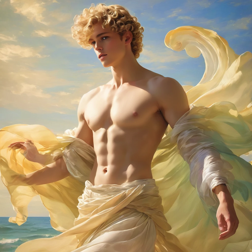 candid an photo of prince charming, 23 year old male supermodel, attractive and exotic, short curly blonde hair, a masculine appearance with slender smooth body, delicate and symmetrical face, natural olive skin tone, ((standing on a large seashell)), position in a graceful contrapposto stance, inspired by Sandro Botticelli's painting The Birth of Venus, he is wrapped in classical drapery sheer rainbow color fabric, with flowing dramatically in the wind, some fabric to billow as if caught by a gentle breeze. The composition include mythological elements, such as a backdrop of a serene with a golden sunrise and nymphs to frame the scene. Illuminate the scene with soft diffused lighting to create a dreamlike, celestial atmosphere, capturing the delicate interplay of light and shadow on his face and body. ((full body shot)), wide-angle lens on a high-resolution DSLR camera to capture the grandeur and intricate details of the setting, while shooting from a dynamic angle to emphasize the model's majestic presence. The overall mood should blend the classical elegance of Botticelli's work with a modern, high-fashion aesthetic, producing an image that feels both timeless and contemporary, adding the Two Cherubs in the sense to balance and harmony the photo, evoke the soft ethereal quality of the Renaissance style, POV, raw photo, ((masterpiece)), ((best quality:1.4)), High Resolution, (ultra_realistic:1.37), (photorealistic:1.4, (NSFW), ((Pay attention to the layer and arrangement of body parts and surrounding objects)), ((Pay attention to the body composition)), ((Correct body structure)), ((Correct photo distance)), romantic atmosphere, lively extremely Gorgeous background),