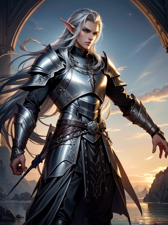 top quality, fotorealistisch, 16K, High Resolution, Unity 16K Hintergrundbild, High Resolution, ultrascharf, Meisterwerk, ((Meisterwerk)), best quality, ausdrucksstarke Augen, Meisterwerk, hochdetaillierte, exquisite Charakterkunst, epischer Fantasy-Digitalkunststil, detaillierte digitale 3D-Fantasy-Kunst, masculine, a male tall strong adult elf with long silver hair and forehead and green eyes in silver chain mail armor and armor, wearing a sword, beautiful male elven face